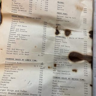 This one is a real blast from the past ... one of our team saw this posted on a page of someones parents who are renovating their kitchen and found this canteen price list from 1986 in the back of one of the cupboards. Who remembers the bush biscuit smothered with butter, all in a brown paper bag? 😀
